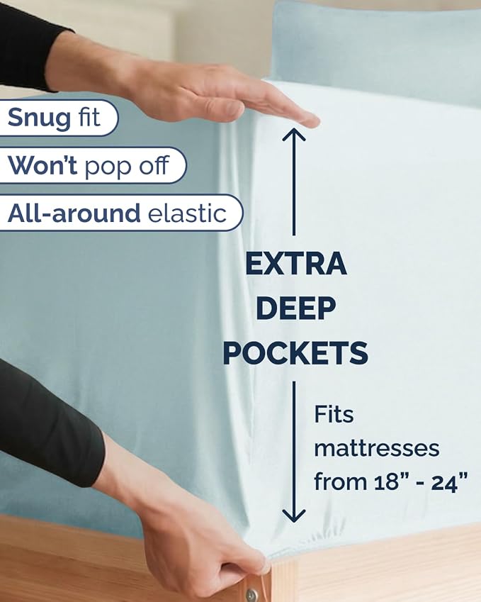 Extra Deep Twin XL Sheet Set - 3 Piece College Dorm Room - Ice Blue | Soft, Breathable & Cooling, Easily Fits 18 to 24 inch Mattress, Wrinkle Free & Fade Resistant with Extra Deep Pockets