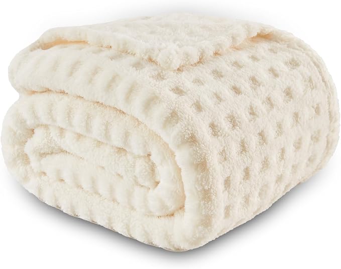 NEWCOSPLAY 3D Waffle Checkered Flannel Twin Blanket, Ivory, 60"x80" | Super Soft Cute Lightweight Decorative Premium Silky Fleece Blanket for Couch Sofa Bed, Gift for Women Men, All Season Use