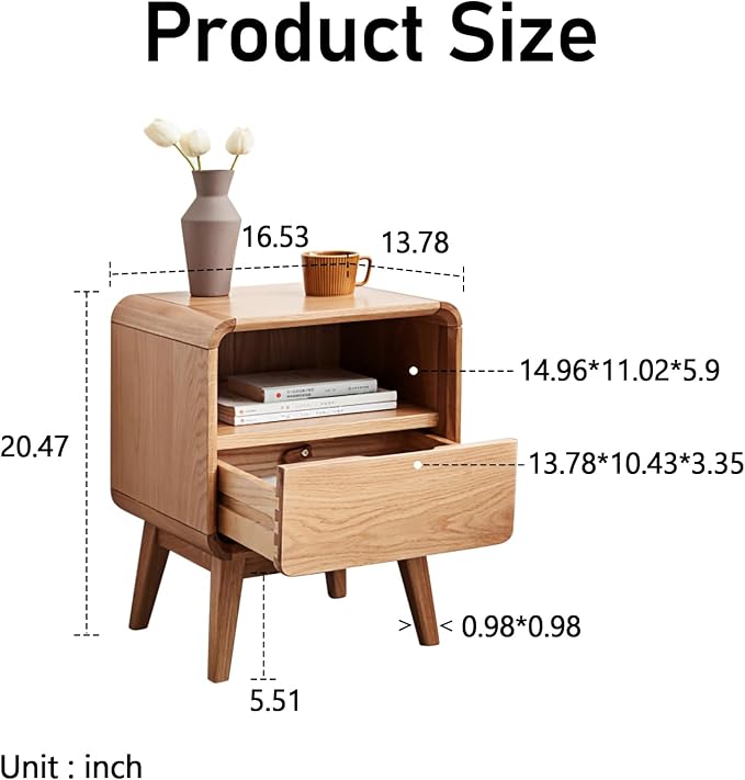 100% Solid Oak Nightstand, Wood Nightstands with 2 Drawers, Mid Century Modern Nightstands with Open Storage, Wooden Night Stand Bedside Table for Bedroom.