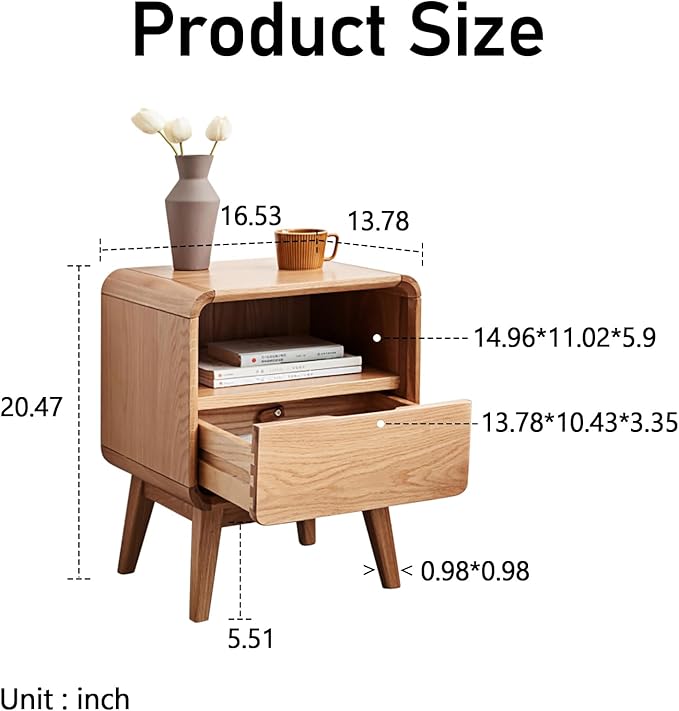Solid Wood Nightstand Set of 2, Mid Century Modern Nightstands with Drawer, Small Nightstand with Open Storage, Small Bedside Table for Bedroom, Dormitory(Natural Wood Color)