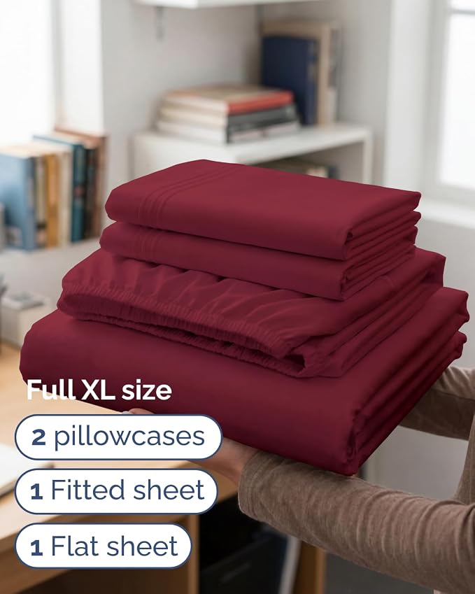 Full XL Sheets - 4 Piece Full XL Sheet Set - Cool & Breathable - Burgundy | Hotel Luxury Bedding for Women & Men with Deep Pockets, Ultra-Soft, Comfy, Easy-Fit, Wrinkle Free & Fade Resistant, Oeko-Tex