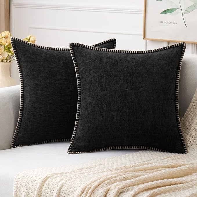 MIULEE Decorative Couch Throw Pillow Covers 20x20 Inch Black 2 Pack | Halloween Farmhouse Pillow Covers with Stitched Edge, Soft Chenille Cushion Cases, for Sofa Bed Living Room Home Decor