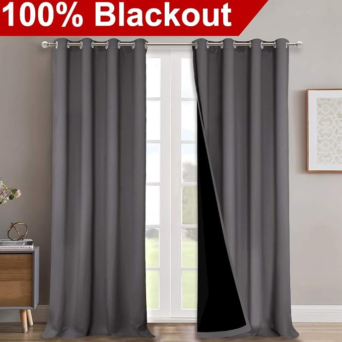 NICETOWN Gray Blackout Curtains for Hall 52" Wide x 95" Long 2 Panels | Total Shade Heavy-Duty Full Light Shading Drapes with Black Liner Backing for Villa Dorm Window, Room Darkening Privacy Decor