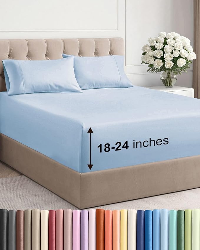 Extra Deep Twin Sheet Set - 4 Piece Breathable & Cooling Sheets - Sky Blue | Hotel Luxury Bed Sheets Set, Easy & Secure Fit, Ultra-Soft, Wrinkle & Fade Free, Comfy Sheets Set with Extra Deep Pockets