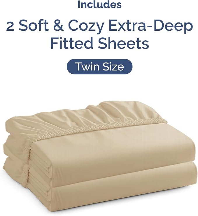 2 Pack Extra Deep Twin Fitted Sheets with Extra Deep Pockets - Beige | Hotel Luxury Bottom Fitted Sheets Only, Soft, Fade & Wrinkle Free, Breathable & Comfy, All Around Elastic Fitted Sheets