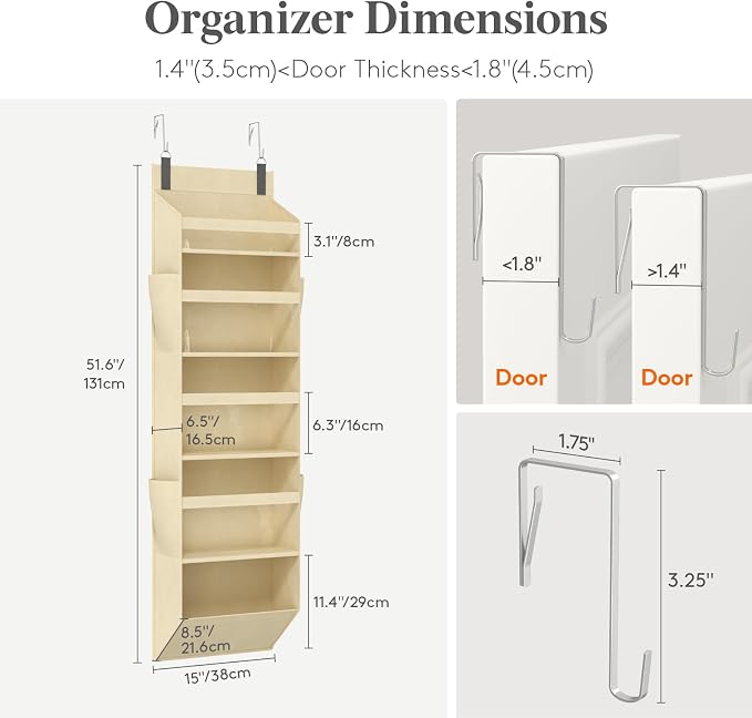 Lifewit 1 Pack Over the Door Organizer, Clear Window Hanging Storage with 4 Side Pockets, Anti Tilt 40 lbs Load Behind Door for Pantry, Nursery, Bathroom, Bedroom, Dorm, 5 Section, Beige