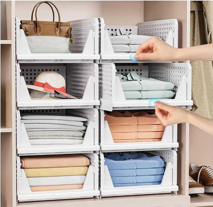 4 Pack Stackable Closet Storage Basket - Stackable Storage Bins | Multifunctional & Foldable Closet Organizer Waterproof, Wardrobe Cupboard Space-Saving Storage Drawer Organizer