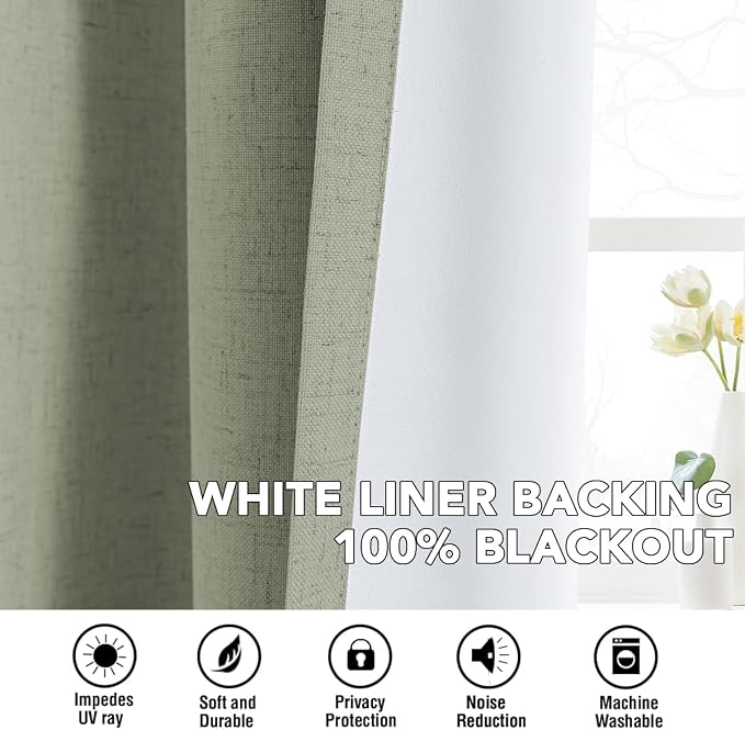 H.VERSAILTEX Linen Curtains 100% Blackout Curtains for Bedroom 45 inch Long Full Light Blocking Nature Linen Blended Window Curtains for Living Room Nickel Grommet (2 Panels, Heathered Tea)
