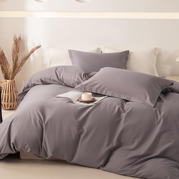 OAITE Duvet Cover Set 100% Washed Cotton Solid 3pcs | Soft,Durable,Long-staple Cotton,Hidden Zipper with 8 Interior Corner Ties,2 Pillowcases