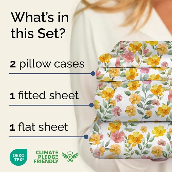 King 4 Piece Floral Sheet Set - Breathable & Cooling - Sun Kissed Bloom | 1 Flat, 1 Fitted & 2 Pillowcases w/ Deep Pockets, Boho Botanical Floral Bedding, Breathable & Cooling, Wrinkle & Fade Free