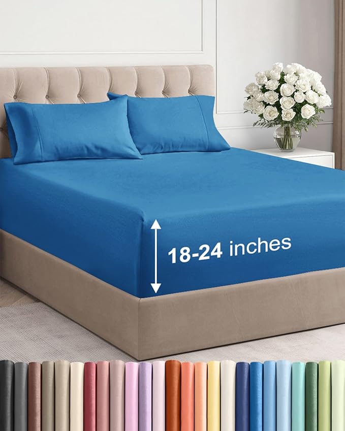 Extra Deep Full Sheet Set - 4 Piece Breathable Cooling Sheets - Denim Blue | Easily Fits 18 to 24 inch Mattress - Ultra Soft, Wrinkle & Fade Free with Extra Deep Pockets - Comfy Hotel Luxury Bedding