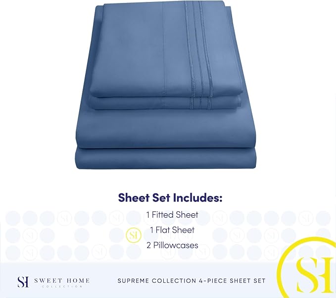 King Size Sheets - Breathable Luxury Bed Sheets with Full Elastic & Secure Corner Straps Built In - 1800 Supreme Collection Extra Soft Deep Pocket Bedding Set, Sheet Set, King, Denim