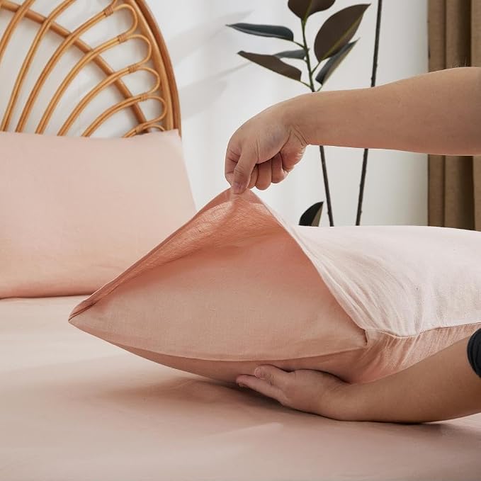 100% Linen Sheets Set Queen Size, Natural Pure Flax 4 Piece Bed Sets, 16" Deep Pocket, Breathable Cooling Bed Soft Durable Bedding, Machine Washable (Pink,Queen)