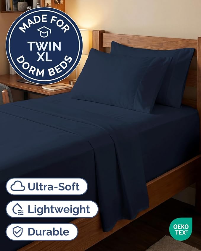 Extra Deep Twin XL Sheet Set - 4 Piece College Dorm Room - Navy Blue | College Dorm Room Essentials, Easy & Secure Fit, Ultra-Soft, Wrinkle & Fade Free, Comfy Sheets Set with Extra Deep Pockets