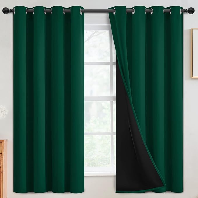 SimpleHome Dark Green 100% Blackout Curtains Room Darkening Living Room 63 | Curtains for Bedroom,Thermal Insulated Grommet Window Drapes,Curtains for Living Room with Black Back,52 x 63 Inch,2 Panels