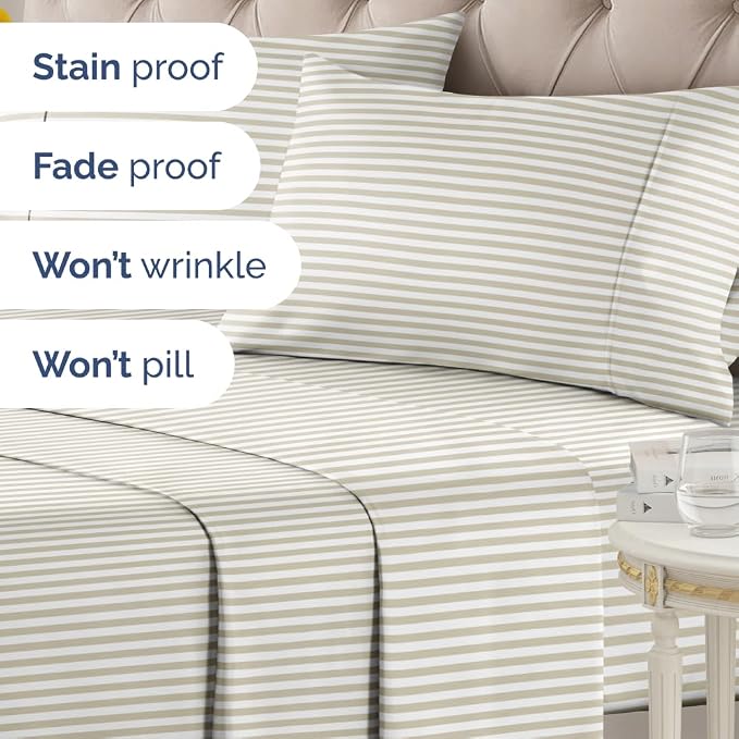 Cal King 4 Piece Striped Sheet Set - Breathable & Cooling - Metro Pinstripe | 1 Flat, 1 Fitted & 2 Pillowcases w/ Deep Pockets, Luxury Striped Bedding, Soft, Breathable & Cooling, Wrinkle & Fade Free