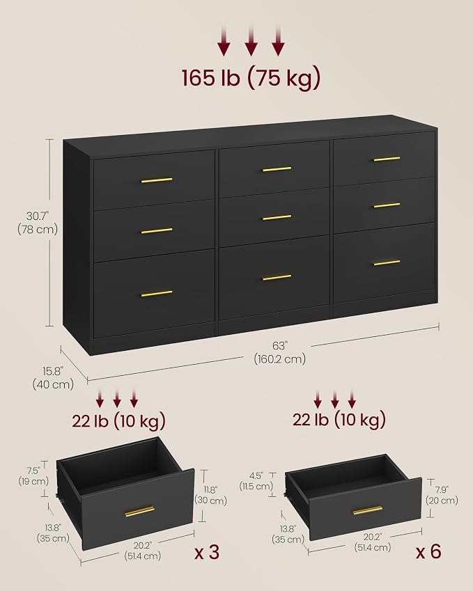 VASAGLE 9-Drawer Dresser, Chest of Drawers, 63.1 x 15.8 x 30.7 Inches | Bedroom chest of drawers, Ink Black, Custos Collection, ULTS419BC01S