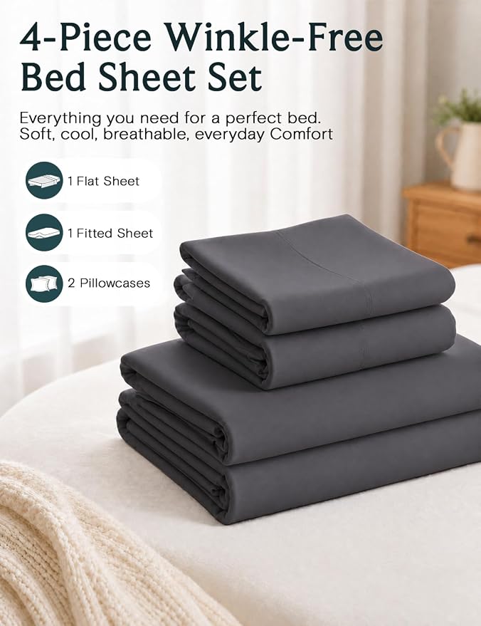 LuxClub 4 PC Queen Sheet Set, Deep Pockets Wrinkle Free Cooling Bed Sheets Hotel Bedding for Women, Men, Includes 1 Fitted Sheet, 1 Flat Sheet and 2 Pillowcases-Dark Grey | LuxClub Silky Fitted Sheet & Pillowcase Sets, Breathable Hotel Luxury Bedding f...