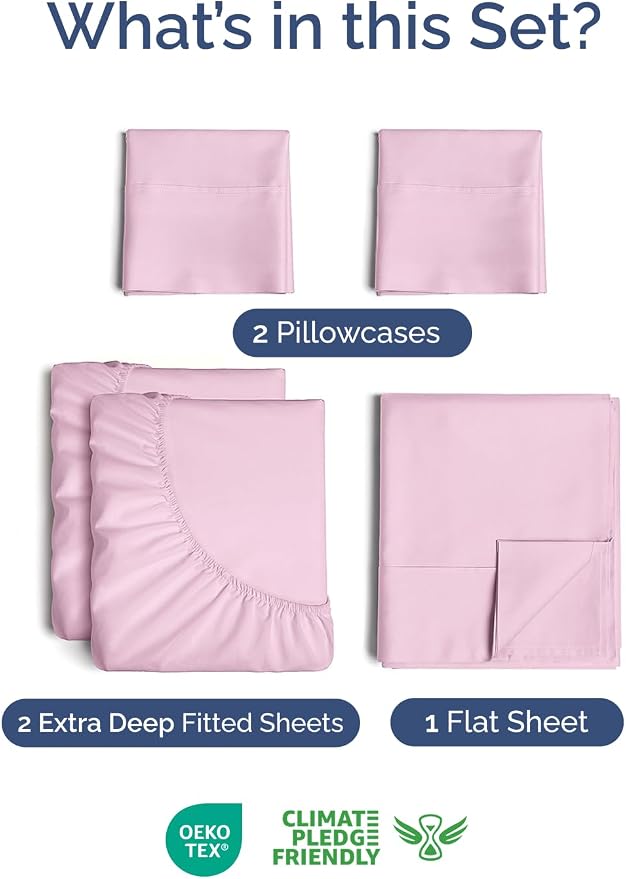 Extra Deep Split King Sheet Set - 5 Piece Breathable Cooling - Light Pink | Easily Fits 18 to 24 inch Mattress - Ultra Soft, Wrinkle & Fade Free with Extra Deep Pockets - Comfy Hotel Luxury Bedding