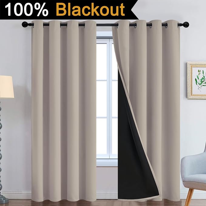 Yakamok Natural Blackout Curtains 96 Inches Long for Bedroom 52" Wide 2 PCS | Blackout Curtain Panels for Bedroom, 2 Thick Layers Grommet Top Thermal Insulated Drapes with Black Liner for Living Room