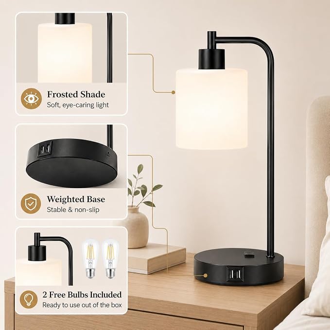 Set of 2 Industrial Touch Control Table Lamps with 2 USB Ports and AC Outlet - 3-Way Dimmable Black Bedside Lamp Nightstand Desk Lamps for Bedroom Living Room, Opal Glass Shade & 2 LED Bulbs Included