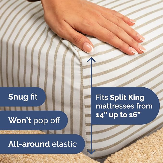 Flex Top Split Head King 4 Piece Sheet Set - Soft & Cooling - Beige Stripes | Cooling Bed Sheets Set, Hotel Luxury Bedding for Women & Men with Deep Pockets, Wrinkle Free & Fade Resistant, Oeko-Tex
