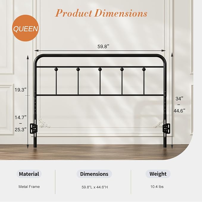 Victorian Metal Queen Size Headboard, Adjustable Height, Black | Sturdy Steel Queen Head Board Only for Bedroom, Bed Frame Brackets Adapter, Farmhouse Vintage Style, Easy Assembly