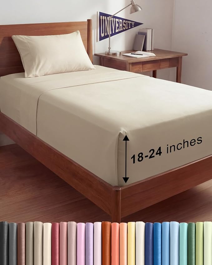 Extra Deep Twin XL Sheet Set - 3 Piece College Dorm Room - Wheat | Soft, Breathable & Cooling, Easily Fits 18 to 24 inch Mattress, Wrinkle Free & Fade Resistant with Extra Deep Pockets