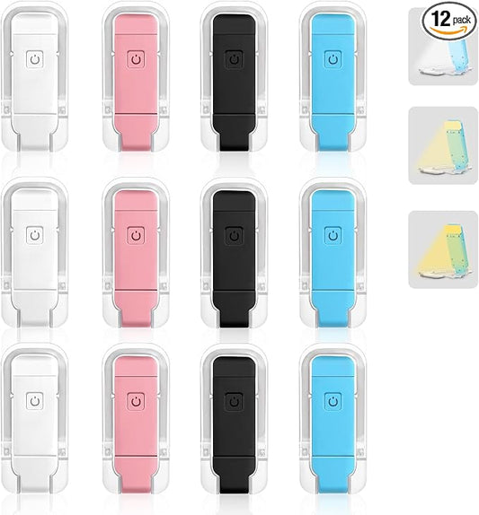 VZZNN 12 Pack Reading Light,Rechargeable Book Light for Reading in Bed,Clip-On Book Lights with 3 Color Temperature,Bulk Gifts for Book Lovers Kids Adults（Multicolor）