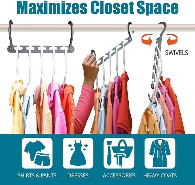 Wonder Hanger Max 20-Pack Space-Saving Hangers, 360° Hook, Grey | Space-saving cascading hangers with reinforced 360° swivel hooks maximize closet storage; 20-pack arrives fully assembled