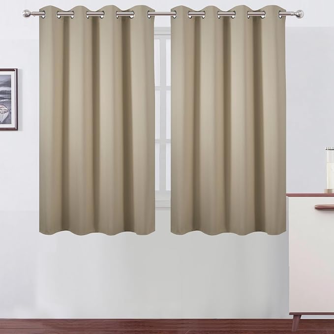 Blackout Curtains 66 x 54 Inch Long Beige Curtains Set of 2 Panels Room Darkening Curtains for Bedroom and Living Room