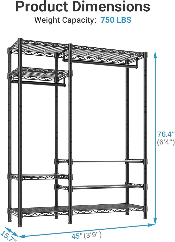 VIPEK V2S Heavy Duty Clothes Rack Portable Closet Organizer System Black | Closet System with 6 Tiers Adjustable Wire Shelves Shoe Shelves Metal Freestanding Clothing Rack for Walk-in Closet 750LBS