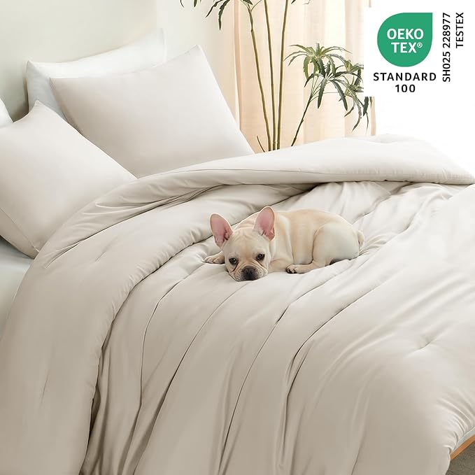 Queen Comforter Set, 3 Pieces Down Alternative Bedding, Beige | 270 GSM All Season Comforter with 4 Corner Ties for Use as a Duvet Insert, OEKO-TEX Certified, 2 Pillowcases, 88 x 88 in