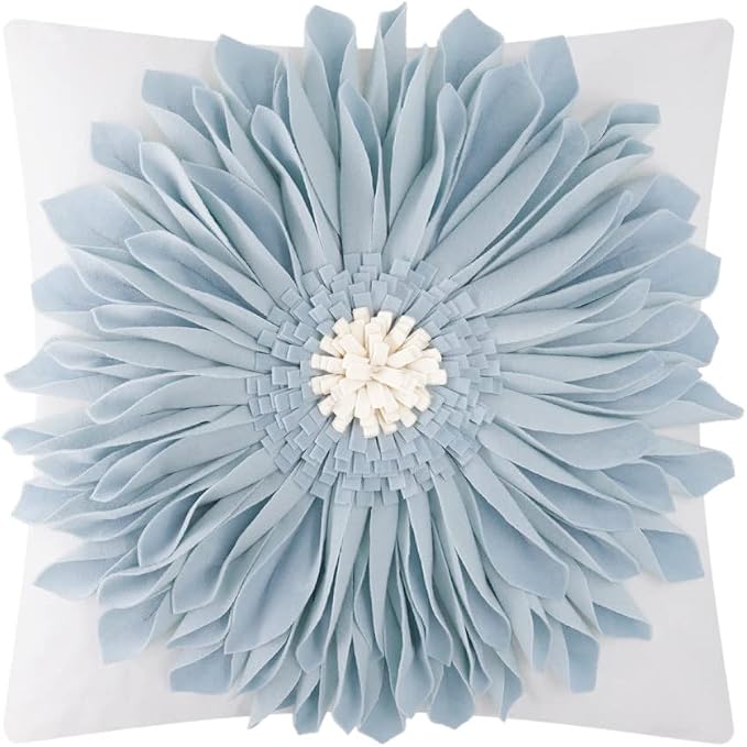 OiseauVoler 3D Sunflower Throw Pillow Covers White and Blue 18x18 Inch | Handmade Aesthetic Floral Pillowcases Decorative Pillow Shams Home Couch Bed Living Room Decor