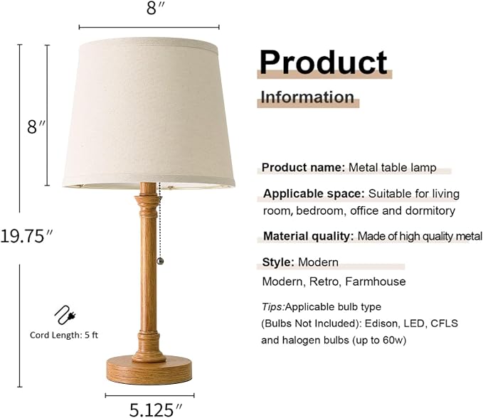 19.5" Wood Grain Rustic Table Lamps Set of 2 for Living Room Bedroom | Pull Chain Switch Bedside Table Lamps, White Linen Shade, Small Desk Lamp for Living Room, Bedroom, Home Office, Nursery