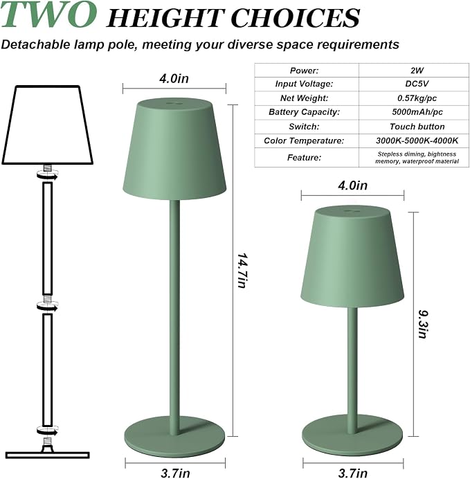 Kakanuo Cordless Table Lamp Rechargeable Green - KK 2 Pack 5000mAH Battery Operated Lamp for Dining Table, 3 Color Stepless Dimming Wireless Lamp for Counter, Outdoor Patio, Touch Control