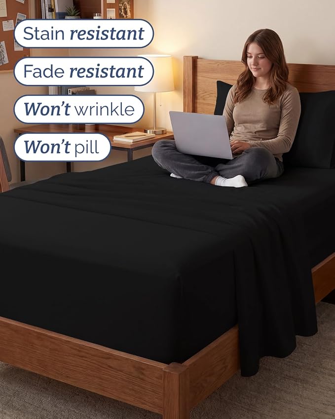 Extra Deep Twin XL Sheet Set - 3 Piece College Dorm Room - Black | Soft, Breathable & Cooling, Easily Fits 18 to 24 inch Mattress, Wrinkle Free & Fade Resistant with Extra Deep Pockets