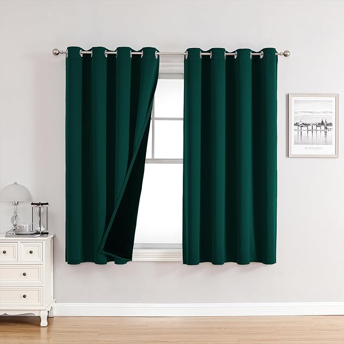 ChrisDowa 100% Blackout Curtains for Bedroom 2 Panels Set with Black Liner | 2 Thick Layers, Thermal Insulated, Light Blocking, Grommet, Window Treatment, Living Room Drapes, Forest Green, 52 x 54 Inch