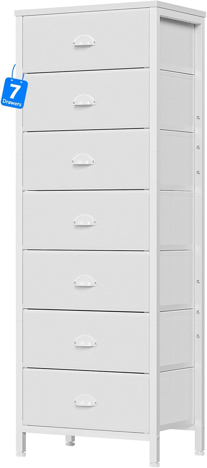 Furnulem White Tall Dresser for Bedroom, Chest of Drawer with Fabric Drawer | Tall Skinny Dresser with 7 Drawers, Metal Frame, Wooden Top, Dorm Vertical Closet, Bedside Furniture in Living Room
