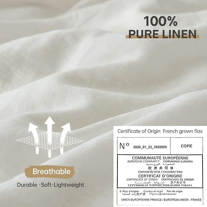 Simple&Opulence 100% Linen Duvet Cover Set 3pcs Basic Style Natural French Washed Flax Solid Color Soft Breathable Farmhouse Bedding with Button Closure - White, Queen