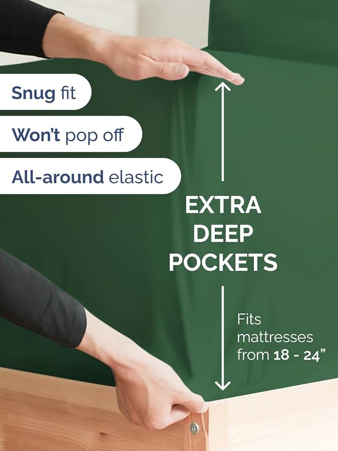 Deep Twin XL Fitted Sheet - College Dorm Room Essentials - Emerald Green | Easily Fits 18 inch to 24 inch Mattress, Wrinkle Resistant, Soft, Breathable & Comfy, Extra Deep Pockets Fitted Sheet