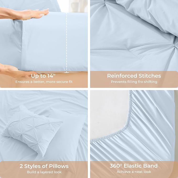 Sasttie Oversized King Comforter Set, 7-Piece Bed in a Bag, Pintuck Bedding Sets for All Season, Includes Comforter, Flat Sheet, Fitted Sheet, Pillowcases and Pillowshams, Light Blue