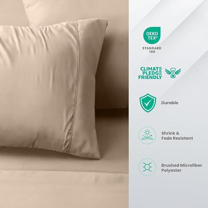 Queen Sheets Set, 4 Pieces 16" Deep Pocket Hotel Luxury Bed Sheets, Beige | Extra Soft Bedsheet Set, Comfy & Breathable Cooling Sheets, Wrinkle & Fade Resistant, Fitted Sheet, Flat Sheet, 2 Pillowcases