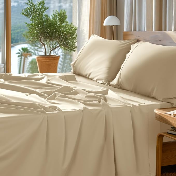 SONORO KATE 1000 Series 100% Egyptian Cotton King Sheet Set,4 Pieces | Soft,Breathable Long Staple,Sateen Weave,Luxury 5-Star Hotel Bed Sheets,16" Deep Pocket,Beige