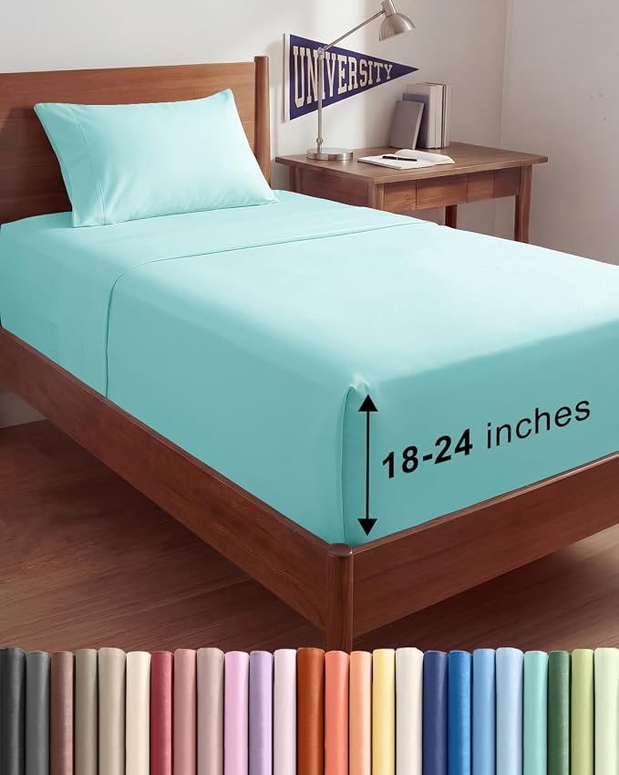 Extra Deep Twin XL Sheet Set - 3 Piece College Dorm Room - Spa Blue | Soft, Breathable & Cooling, Easily Fits 18 to 24 inch Mattress, Wrinkle Free & Fade Resistant with Extra Deep Pockets