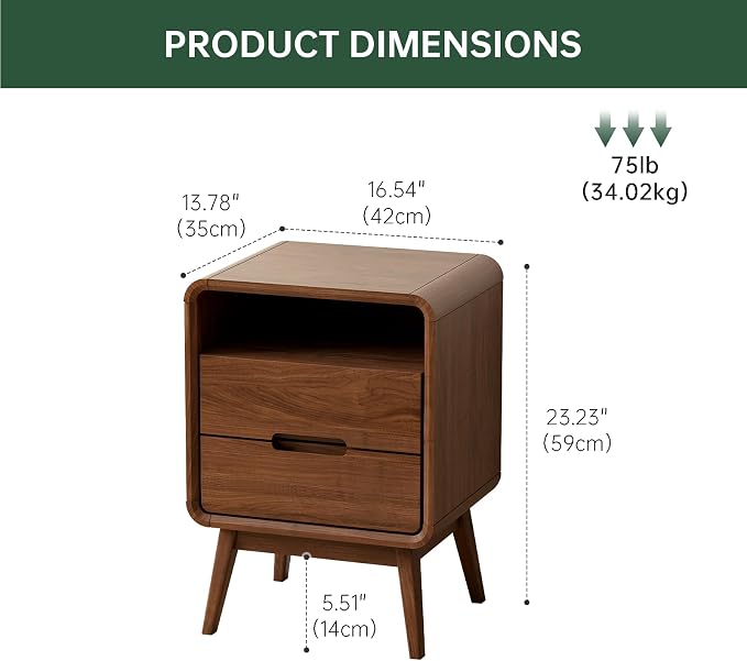 Solid Wood Nightstand, Walnut Night Stand with 2 Drawers and Open Storage, Mid Century Modern Nightstands for Small Space, Bedside Table for Bedroom, Dorm(23.23" H)