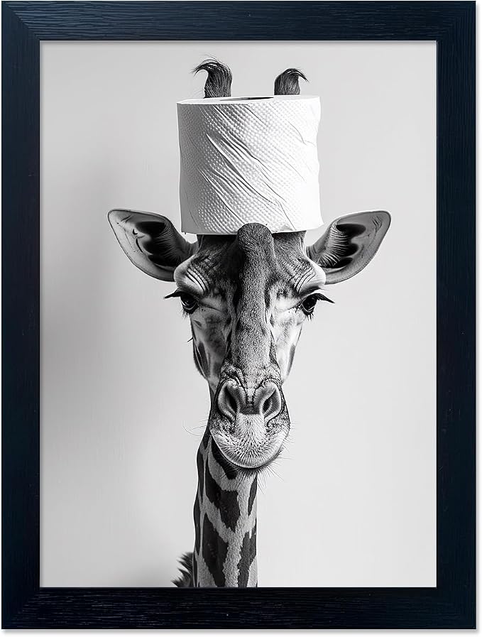 Funny Bathroom Wall Decor, Giraffe with a Toilet Paper Roll on Head Art Decor, Black and White Bathroom Pictures Wall Decor, Framed Humor Animal Canvas Print Artwork