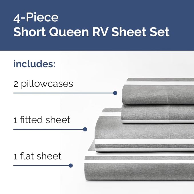 Short Queen Size 4 Piece Bed Sheet Set - RV Short Queen - Grey Stripes | Ultra-Soft, Breathable & Cooling Bed Sheets Set with Deep Pockets, Hotel Luxury Bedding for Women & Men, Wrinkle & Fade Free