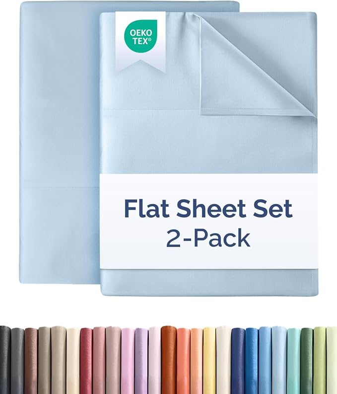 Twin XL Size Flat Sheet - Pack of 2, College Dorm Essentials - Light Blue | Ultra-Soft, Comfy, Breathable & Cooling, College Dorm Room, Fade & Wrinkle Free, Stain & Shrink Resistant Bedding, Oeko-Tex