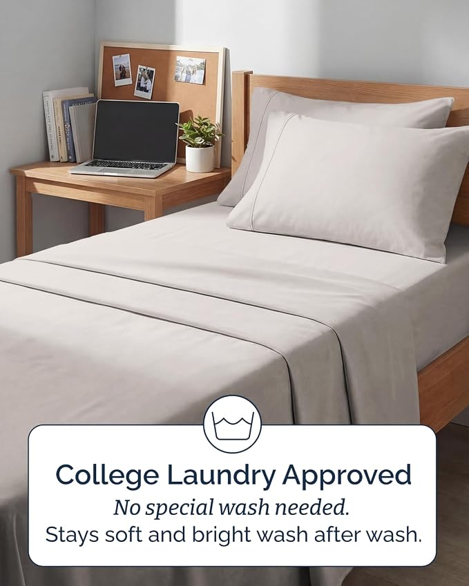 Extra Deep Twin XL Sheet Set - 4 Piece College Dorm Room - Light Grey | College Dorm Room Essentials, Easy & Secure Fit, Ultra-Soft, Wrinkle & Fade Free, Comfy Sheets Set with Extra Deep Pockets
